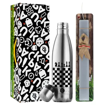 Chess, Easter Set, metallic stainless thermos flask (500ml) & scented flat Easter candle (30cm) (GRAY)