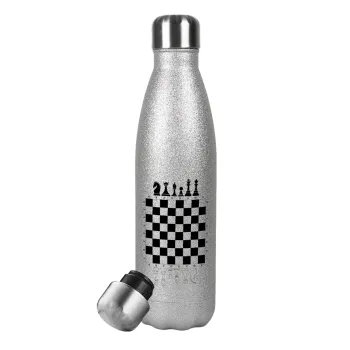 Chess, Metallic Glitter Silver Thermos Flask (Stainless steel), double-walled, 500ml