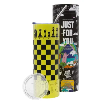 Σκάκι, Neon Yellow Travel Tumbler θερμό, μεταλλικό καλαμάκι(Ανωξείδωτο 304 Food grade, BPA free, 600ml)
