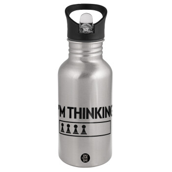 I'm thinking, Water bottle Silver with straw, stainless steel 500ml