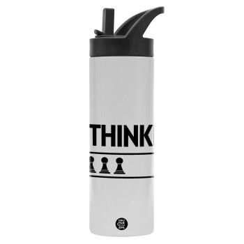 I'm thinking, Metallic thermos bottle with straw & handle, stainless steel (Stainless steel 304), double-walled, 600ml.