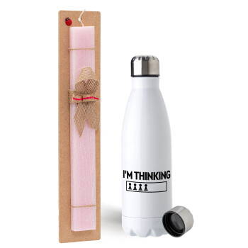 I'm thinking, Easter Set, metallic stainless steel water bottle (750ml) & scented flat Easter candle (30cm) (PINK)