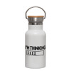 Metallic thermos (Stainless steel) White with wooden lid (bamboo), double-walled, 350ml