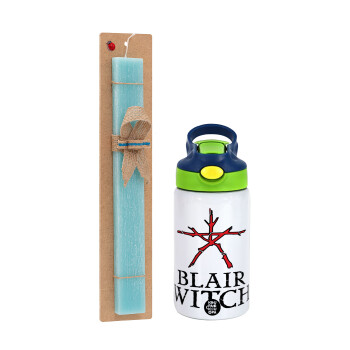 The Blair Witch Project , Easter Set, Children's thermal stainless steel bottle with safety straw, green/blue (350ml) & aromatic flat Easter candle (30cm) (TURQUOISE)