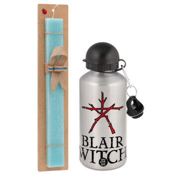 The Blair Witch Project , Easter Set, metallic silver aluminum water bottle (500ml) & scented flat Easter candle (30cm) (TURQUOISE)