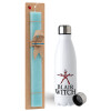 Easter Set, metallic stainless steel water bottle (750ml) & aromatic flat Easter candle (30cm) (TURQUOISE)