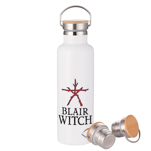 The Blair Witch Project — Μεταλλικό παγούρι θερμός (Stainless steel) Λευκό με ξύλινο καπάκι (bamboo), διπλού τοιχώματος, 750ml