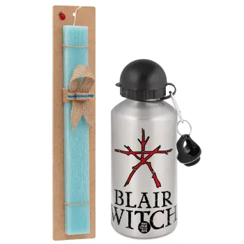 The Blair Witch Project , Easter Set, metallic silver aluminum water bottle (500ml) & scented flat Easter candle (30cm) (TURQUOISE)