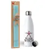 Easter Set, metallic stainless steel water bottle (750ml) & aromatic flat Easter candle (30cm) (TURQUOISE)