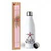Easter Set, metallic stainless steel water bottle (750ml) & scented flat Easter candle (30cm) (PINK)