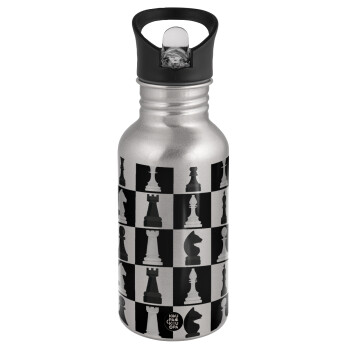 Chess set, Water bottle Silver with straw, stainless steel 500ml