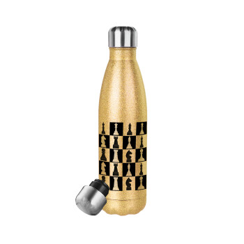 Chess set, Μεταλλικό παγούρι θερμός Glitter χρυσό (Stainless steel), διπλού τοιχώματος, 500ml