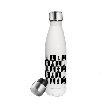 Chess set, Μεταλλικό παγούρι θερμός Λευκό (Stainless steel), διπλού τοιχώματος, 500ml