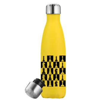 Chess set, Μεταλλικό παγούρι θερμός Κίτρινος (Stainless steel), διπλού τοιχώματος, 500ml