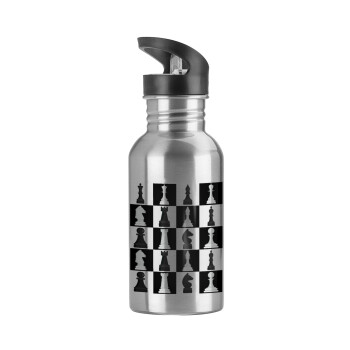 Chess set, Water bottle Silver with straw, stainless steel 600ml