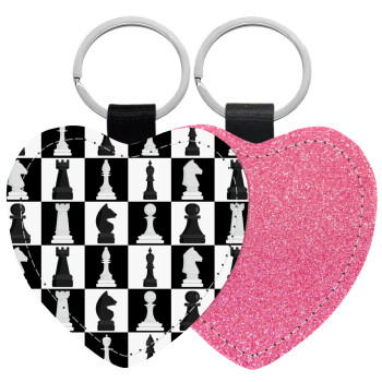 Chess set, Μπρελόκ PU δερμάτινο glitter καρδιά ΡΟΖ