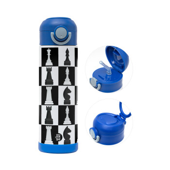 Chess set, Children's hot water bottle, stainless steel, with safety straw, BLUE (500ml)