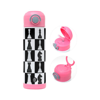 Chess set, Children's hot water bottle, stainless steel, with safety straw, PINK (500ml)