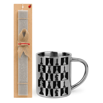 Chess set, Easter Set, metallic thermal cup (300ml) & Easter aromatic flat candle (30cm) (GRAY)