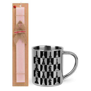 Chess set, Easter Set, metallic thermal cup (300ml) & aromatic flat Easter candle (30cm) (PINK)