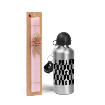 Chess set, Easter Set, metallic Silver aluminum water bottle (500ml) & scented flat Easter candle (30cm) (PINK)