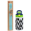 Easter Set, Children's thermal stainless steel bottle with safety straw, green/blue (350ml) & aromatic flat Easter candle (30cm) (TURQUOISE)