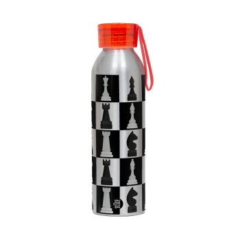 Chess set, Αλουμινένιο Αθλητικό Μπουκάλι 650ml – Ασημί με Κόκκινο Καπάκι και Λουράκι Σιλικόνης
