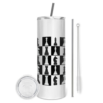 Chess set, Tumbler stainless steel 600ml, with metal straw & cleaning brush