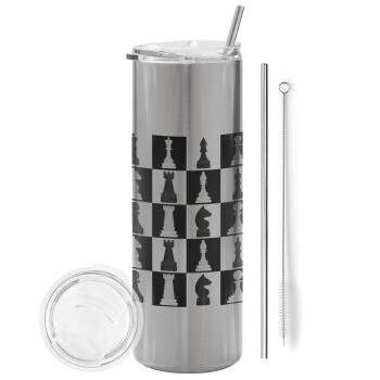 Chess set, Tumbler ποτήρι θερμό Ασημένιο από ανοξείδωτο ατσάλι 600ml, με μεταλλικό καλαμάκι & βούρτσα καθαρισμού