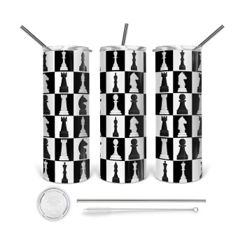 Chess set, Tumbler ποτήρι θερμό από ανοξείδωτο ατσάλι 600ml, με μεταλλικό καλαμάκι & βούρτσα καθαρισμού