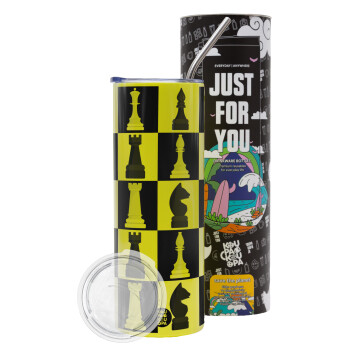 Chess set, Neon Yellow Travel Tumbler, with metal straw (Stainless steel 304 Food grade, BPA free, 600ml)