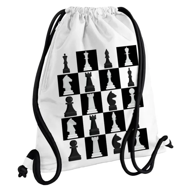 Chess set — Backpack pouch GYMBAG white, with pocket (40x48cm) & thick cords