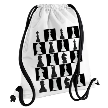 Chess set, Backpack pouch GYMBAG white, with pocket (40x48cm) & thick cords