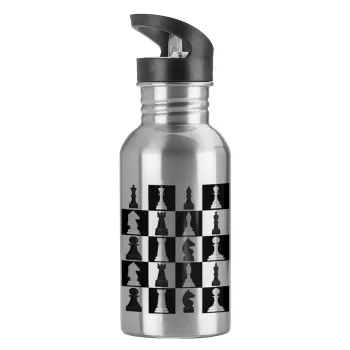 Chess set, Παγούρι νερού Ασημένιο με καλαμάκι, ανοξείδωτο ατσάλι 600ml