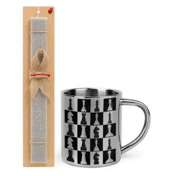 Chess set, Easter Set, metallic thermal cup (300ml) & Easter aromatic flat candle (30cm) (GRAY)