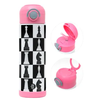 Chess set, Children's hot water bottle, stainless steel, with safety straw, PINK (500ml)