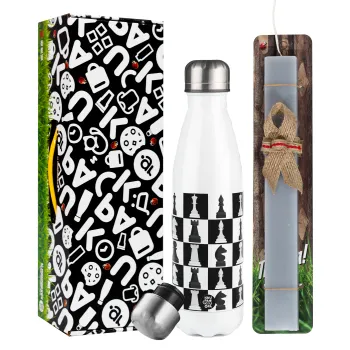 Chess set, Easter candle, metallic white thermos bottle (500ml) & aromatic flat candle (30cm) (GRAY)