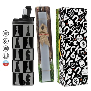 Chess set, Easter candle with Grey Tumbler Thermo 600ml & aromatic flat candle (30cm) (GREY)