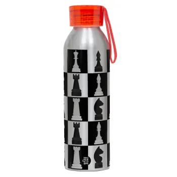 Chess set, Αλουμινένιο Αθλητικό Μπουκάλι 650ml – Ασημί με Κόκκινο Καπάκι και Λουράκι Σιλικόνης