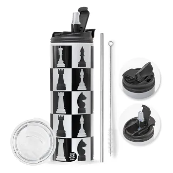 Chess set, Travel Tumbler θερμό με διπλό καπάκι, μεταλλικό καλαμάκι και βούρτσα καθαρισμού (Ανωξείδωτο 304 Food grade, BPA free, 600ml)