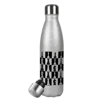 Chess set, Metallic Glitter Silver Thermos Flask (Stainless steel), double-walled, 500ml