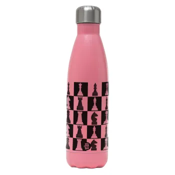 Chess set, Μεταλλικό παγούρι θερμός Ροζ Ματ (Stainless steel), διπλού τοιχώματος, 500ml