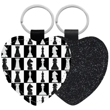 Chess set, Μπρελόκ PU δερμάτινο glitter καρδιά ΜΑΥΡΟ