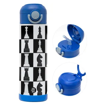 Chess set, Παιδικό παγούρι θερμό, ανοξείδωτο, με καλαμάκι ασφαλείας, ΜΠΛΕ (500ml)