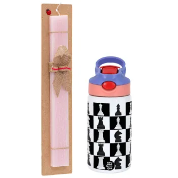 Chess set, Easter Set, Children's thermal stainless steel water bottle with safety straw, pink/purple (350ml) & Easter scented flat candle (30cm) (PINK)