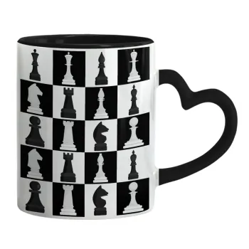 Chess set, Κούπα καρδιά χερούλι μαύρη, κεραμική, 330ml