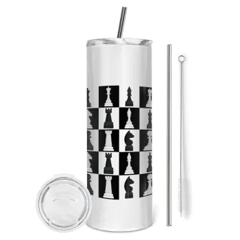 Chess set, Tumbler ποτήρι θερμό από ανοξείδωτο ατσάλι 600ml, με μεταλλικό καλαμάκι & βούρτσα καθαρισμού