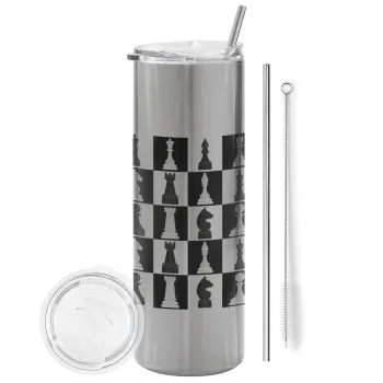 Chess set, Tumbler ποτήρι θερμό Ασημένιο από ανοξείδωτο ατσάλι 600ml, με μεταλλικό καλαμάκι & βούρτσα καθαρισμού