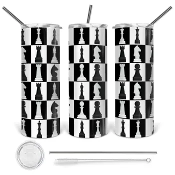 Chess set, Tumbler stainless steel 600ml, with metal straw & cleaning brush