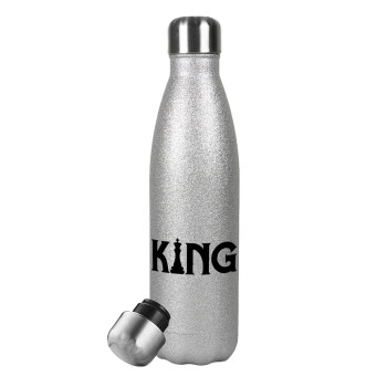 King chess, Μεταλλικό παγούρι θερμός Glitter Aσημένιο (Stainless steel), διπλού τοιχώματος, 500ml